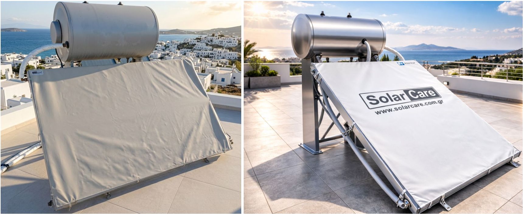 Εκρού κάλυμμα ηλιακού θερμοσίφωνα SolarCare από ανθεκτικό τεντόπανο, τοποθετημένο σε συλλέκτη ταράτσας για προστασία από τον ήλιο.